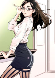 Rule 34 | 1girl, adjusting eyewear, ass, blouse, breasts, brown eyes, brown hair, chalkboard, classroom, dytm, from side, glasses, highres, indoors, light smile, lips, long hair, looking at viewer, looking back, miniskirt, original, pencil skirt, pinky out, school, shirt, skirt, smile, solo, striped clothes, striped thighhighs, teacher, thighhighs, vertical-striped clothes, vertical-striped thighhighs, white shirt, zettai ryouiki