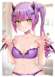 Rule 34 | 1girl, :p, absurdres, black nails, blush, bra, breasts, cleavage, collarbone, ear piercing, fake horns, green eyes, hair ornament, hairclip, heart, heart-shaped pupils, highres, hololive, horned headwear, horns, kameka590892, long hair, looking at viewer, medium breasts, navel, panties, piercing, purple bra, purple hair, purple panties, solo, strap pull, sweat, symbol-shaped pupils, tokoyami towa, tongue, tongue out, twintails, underwear, underwear only, virtual youtuber