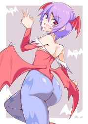 Rule 34 | 1girl, animal print, ass, backless outfit, bare shoulders, bat print, bridal gauntlets, capcom, cougar (cougar1404), demon girl, demon wings, flat chest, from behind, head wings, huge ass, leotard, lilith aensland, looking at viewer, open mouth, pantyhose, purple hair, red eyes, shiny clothes, shiny skin, short hair, smile, solo, thighs, thong leotard, v, vampire (game), wings