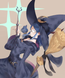 Rule 34 | 10s, 1girl, belt, black hat, blue hair, broom, brown background, choker, collarbone, covered navel, cowboy shot, crescent, dutch angle, eyelashes, feathers, fingernails, from side, glasses, hair ornament, hat, hat feather, hat ribbon, highres, holding, holding wand, hood, hood down, little witch academia, long hair, long sleeves, looking at viewer, o-ring, opaque glasses, pinky out, ribbon, rimless eyewear, robe, simple background, skin tight, smile, solo, tokopi, ursula callistis, wand, wide sleeves, witch, witch hat