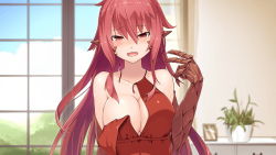 Rule 34 | 1girl, artist request, bare shoulders, blush, breasts, cleavage, dress, game cg, hair between eyes, indoors, large breasts, long hair, looking at viewer, monster girl, monster musume no iru nichijou, monster musume no iru nichijou online, official art, open mouth, pointy ears, red dress, red eyes, red hair, reptile girl, sala (monster musume), scales, slit pupils, solo, strapless, strapless dress, wardrobe malfunction