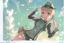 Rule 34 | 1girl, absurdres, adjusting clothes, adjusting headwear, anchor hair ornament, arm up, bird, black thighhighs, blonde hair, blush, clothes lift, cowboy shot, cross, dated, day, gloves, green eyes, hair ornament, hat, highres, hiten (hitenkei), huge filesize, iron cross, kantai collection, long hair, long sleeves, military, military uniform, open mouth, outdoors, panties, pantyshot, peaked cap, prinz eugen (kancolle), scan, seagull, simple background, skirt, skirt lift, sky, smile, solo, standing, thighhighs, twintails, underwear, uniform, white gloves, white panties, wind, wind lift