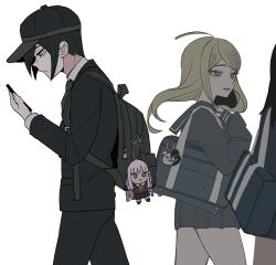 1boy 1girl aegyo_sal ahoge akamatsu_kaede backpack bag black_bag black_hair black_hat black_jacket black_pants danganronpa_(series) danganronpa_v3:_killing_harmony formal fortissimo from_side ha_(user_efmy3542) hair_between_eyes hair_ornament hat highres holding holding_phone jacket kirigiri_kyoko long_hair looking_at_another monokuma musical_note musical_note_hair_ornament official_alternate_costume pants phone saihara_shuichi school_uniform short_hair shoulder_bag