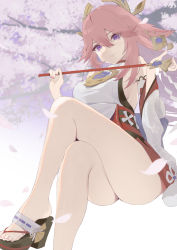 Rule 34 | 1girl, absurdres, bare legs, bare shoulders, blush, breasts, cherry blossoms, feet, genshin impact, hair between eyes, hair ornament, high heels, highres, holding, holding staff, japanese clothes, legs, crossed legs, long hair, long sleeves, medium breasts, miko, petals, pink hair, purple eyes, sandals, sidelocks, smile, solo, staff, thighs, toes, tree, wide sleeves, yae miko, yoyoshi renga