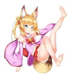Rule 34 | 1girl, animal ear fluff, animal ears, barefoot, bell, blonde hair, blue eyes, detached sleeves, fox ears, fox tail, hair ornament, jingle bell, kemomimi oukoku kokuei housou, legs, legs up, long hair, mikoko (kemomimi oukoku kokuei housou), miniskirt, panties, pink shirt, red skirt, sasanoha (sasanoha0712), shirt, simple background, skirt, smile, soles, solo, tail, twintails, underwear, virtual youtuber, white background, white panties
