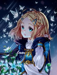 Rule 34 | 1girl, ahoge, aqua eyes, black cape, blonde hair, blush, braid, breasts, bug, butterfly, cape, crown braid, eyelashes, flower, hair ornament, hairclip, hand up, highres, hiikariee, hood, hood down, hooded cape, insect, long sleeves, looking at viewer, medium breasts, nintendo, parted bangs, parted lips, pointy ears, princess zelda, shooting star, short hair, silent princess, solo, the legend of zelda, the legend of zelda: breath of the wild, the legend of zelda: tears of the kingdom, thick eyebrows, triforce, twitter username, upper body, white flower