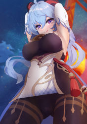 Rule 34 | :p, absurdres, ahoge, armpits, arms up, bell, black legwear, blue hair, bodystocking, bodysuit, breasts, chinese knot, detached sleeves, flower knot, from below, ganyu (genshin impact), genshin impact, gold trim, highres, horns, large breasts, long hair, looking at viewer, mengfeng2575 (moekaze), multicolored eyes, outdoors, solo, standing, tassel, thighlet, tongue, tongue out, vision (genshin impact), white sleeves