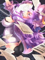 Rule 34 | 1girl, bad id, bad pixiv id, black legwear, book, breasts, crescent, crescent hair ornament, demekyon, hair ornament, hat, long hair, magic circle, pages, patchouli knowledge, purple eyes, purple hair, solo, touhou, very long hair