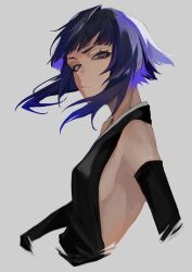 Rule 34 | 1girl, backless outfit, bleach, blue eyes, blunt bangs, breasts, closed mouth, detached sleeves, grey background, highres, purple hair, short hair, short hair with long locks, sideboob, sideless outfit, simple background, solo, sui-feng, ui 1231, upper body