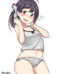 Rule 34 | 1girl, ^^^, absurdres, ahoge, bare arms, bare shoulders, blush, breasts, camisole, collarbone, covered erect nipples, embarrassed, fujinami (kancolle), green eyes, grey ribbon, hair ribbon, hands up, highres, kantai collection, kiritto, long hair, looking at viewer, navel, open mouth, panties, ponytail, purple hair, ribbon, simple background, sleeveless, small breasts, solo, striped clothes, striped panties, tareme, thighs, twitter username, underwear, underwear only, vertical stripes, white background