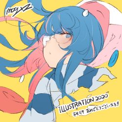Rule 34 | 1girl, blue eyes, blue hair, eyepatch, eyes visible through hair, glasses, hood, hood down, illustration.media, long hair, looking at viewer, mogumo, multicolored hair, original, parted lips, pink hair, round eyewear, scarf, simple background, solo, streaked hair, striped clothes, striped scarf, two-tone hair, upper body, yellow background