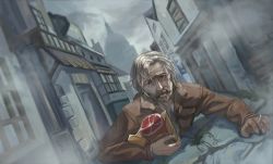 Rule 34 | 1boy, bag, beard, blue eyes, brown jacket, building, chinese commentary, cigarette, cobblestone, commentary request, facial hair, fog, food, grass, grey hair, ham, highres, holding, holding cigarette, jacket, looking at viewer, lord of the mysteries, lying, mustache, nail, old, old kohler, old man, on floor, open mouth, paper bag, pollution, road, solo, street, teeth, window, wooden door, yijun6