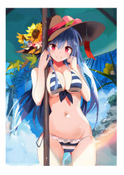 Rule 34 | 1girl, alternate costume, bad arm, bare shoulders, beach umbrella, bikini, blue bikini, blue hair, blue ribbon, blue sky, blurry, blush, border, breasts, brown hat, cleavage, clenched hand, closed mouth, commentary request, contemporary, cowboy shot, day, depth of field, flower, food, fruit, gluteal fold, groin, hair between eyes, hands up, hat, hat flower, highres, hinanawi tenshi, large breasts, leaf, long hair, looking at viewer, lowleg, lowleg bikini, navel, peach, pink flower, red eyes, ribbon, skindentation, sky, smile, solo, standing, stomach, striped bikini, striped clothes, sun hat, sunflower, swimsuit, tetsurou (fe+), thighs, touhou, tree, umbrella, very long hair, white bikini, white border