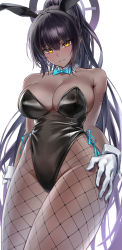 Rule 34 | 1girl, absurdres, animal ears, bare shoulders, black hair, black leotard, blue archive, blue bow, blue bowtie, blush, bow, bowtie, breasts, cleavage, closed mouth, collar, commentary request, cowboy shot, dark-skinned female, dark skin, detached collar, fake animal ears, fishnet pantyhose, fishnets, gloves, halo, hand on own thigh, highleg, highleg leotard, highres, karin (blue archive), karin (bunny) (blue archive), korean commentary, large breasts, leotard, long hair, looking at viewer, monegi, official alternate costume, pantyhose, playboy bunny, ponytail, rabbit ears, revision, side-tie leotard, simple background, solo, strapless, strapless leotard, sweatdrop, tattoo, thighs, white background, white collar, white gloves, wrist cuffs, yellow eyes