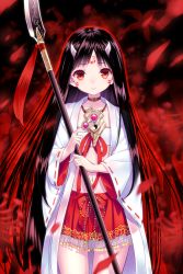 Rule 34 | 10s, 1girl, :&gt;, bandeau, black hair, bow, chain chronicle, collar, commentary request, cowboy shot, facepaint, facial mark, hakama, hakama skirt, head tilt, holding, holding weapon, horns, japanese clothes, jewelry, long hair, looking at viewer, miko, motion blur, naginata, necklace, pendant, petals, polearm, red eyes, red hakama, ribbon, ribbon-trimmed sleeves, ribbon trim, siso, skirt, smile, solo, standing, very long hair, weapon, whisker markings, wide sleeves, yin yang