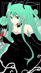 Rule 34 | 1girl, bad id, bad pixiv id, cantarella, cantarella (vocaloid), chocho (homelessfox), cup, dandelions (pixiv), dress, drinking glass, green eyes, green hair, hatsune miku, matching hair/eyes, solo, twintails, vocaloid, wine glass