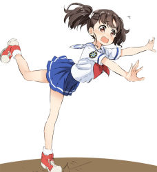Rule 34 | 10s, 1girl, ^^^, abe kanari, badge, black hair, blue skirt, brown eyes, high school fleet, long hair, neckerchief, open mouth, outstretched arms, pleated skirt, red neckerchief, school uniform, serafuku, shiretoko rin, shoes, skirt, sneakers, solo, standing, standing on one leg, tripping, twintails, wavy mouth