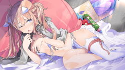 Rule 34 | 1girl, animal ear fluff, animal ears, artist request, black jacket, blue eyes, blue panties, bottle, breasts, candy, chewing gum, food, game cg, hair between eyes, jacket, long hair, looking at viewer, mini person, minigirl, monster musume no iru nichijou, monster musume no iru nichijou online, official art, one eye closed, open mouth, orange hair, panties, partially undressed, rem (monster musume), single thighhigh, small breasts, solo, thighhighs, twintails, underwear, water bottle, white thighhighs