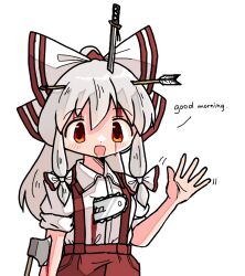 Rule 34 | 1girl, :d, arrow (projectile), arrow in body, arrow in head, axe, bleeding, blood, blood on face, bow, chainsaw, fujiwara no mokou, good morning, hair bow, kasuya baian, katana, long hair, object through head, open mouth, pants, red eyes, red pants, shirt, sidelocks, simple background, smile, solo, suspenders, sword, touhou, waving, weapon, white background, white hair, white shirt