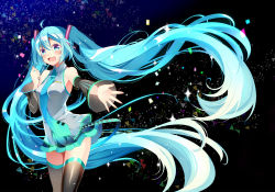 Rule 34 | 1girl, ahoge, aqua eyes, aqua hair, blush, detached sleeves, floating hair, hatsune miku, highres, long hair, necktie, open mouth, outstretched arm, skirt, solo, temari (deae), thighhighs, twintails, very long hair, vocaloid
