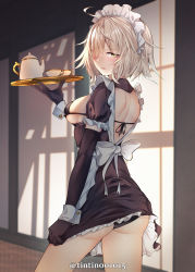 Rule 34 | 1girl, absurdres, ahoge, alternate costume, apron, ass, back, backless dress, backless outfit, black dress, black gloves, black panties, breasts, chouchou (austin), cup, dress, elbow gloves, enmaided, fate/grand order, fate (series), gloves, grey hair, highres, jeanne d&#039;arc alter (avenger) (fate), jeanne d&#039;arc alter (fate), large breasts, looking at viewer, looking back, maid, maid headdress, panties, puffy short sleeves, puffy sleeves, short dress, short hair, short sleeves, solo, teacup, teapot, thighs, tray, underwear, white apron, wrist cuffs, yellow eyes