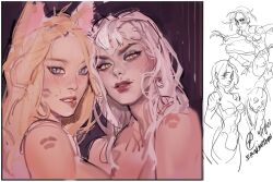 Rule 34 | 2girls, ahri (league of legends), animal ears, asymmetrical bangs, bare shoulders, blonde hair, blue eyes, blue eyeshadow, blush, breasts, dated, demon, demon girl, evelynn (league of legends), eyeshadow, fox ears, fox girl, highres, kiss, league of legends, lip biting, lipstick mark, long hair, looking at viewer, makeup, medium breasts, messy hair, multiple girls, parted lips, red lips, seansketches, sidelocks, signature, slit pupils, the baddest ahri, the baddest evelynn, unfinished, upper body, white hair, yellow eyes, yuri