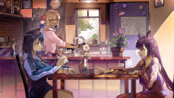 Rule 34 | 3girls, absurdres, alternate costume, blue eyes, blue hair, blue jacket, bread, breasts, brown hair, chain, chair, clock, contemporary, dark skin, flower, food, fried egg, frying pan, glass, gradient hair, hair flaps, hair intakes, hair ornament, highres, hololive, hololive english, indoors, jacket, kitchen, large breasts, long hair, looking at another, milk, multicolored hair, multiple girls, ninomae ina&#039;nis, orange hair, ouro kronii, planet hair ornament, pointy ears, purple hair, shirt, short hair, sitting, sticky note, table, takodachi (ninomae ina&#039;nis), talking, tsukumo sana, twintails, very long hair, virtual youtuber, vyragami, waffle, when you see it, white shirt, whiteboard, window
