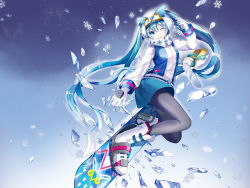Rule 34 | 1girl, ;d, blue hair, blue skirt, blush, boots, coat, fractal, full body, gloves, goggles, goggles on head, grin, hatsune miku, highres, hood, ice, long hair, mamenomoto, one eye closed, open mouth, pantyhose, scarf, simple background, skirt, smile, snowboard, snowboarding, snowflake print, solo, teeth, twintails, very long hair, vocaloid, white footwear, white gloves, winter clothes, winter coat, yuki miku, yukine (vocaloid), zipper