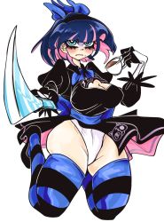 Rule 34 | 1girl, 2b (nier:automata), blue eyes, blue hair, breasts, cleavage, cleavage cutout, clothing cutout, cup, drink, facing viewer, fusion, goth fashion, gothic lolita, heart, heart-shaped pupils, high heels, highres, kecchi0, large breasts, leotard, lolita fashion, looking at viewer, mole, mole under mouth, multicolored hair, nier:automata, nier (series), panty &amp; stocking with garterbelt, pink hair, puffy sleeves, short hair, solo, stocking (psg), striped clothes, striped thighhighs, sword, symbol-shaped pupils, tea, teacup, thighhighs, two-tone hair, weapon