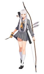 Rule 34 | 1girl, absurdres, arrow (projectile), asymmetrical sleeves, black footwear, black survival, bow (weapon), expressionless, full body, gloves, grey skirt, highres, holding, holding arrow, holding bow (weapon), holding weapon, kneehighs, loafers, long hair, official art, one touch, plaid, plaid skirt, pleated skirt, quiver, rio (black survival), school uniform, shoes, single glove, skirt, socks, solo, standing, transparent background, uneven sleeves, weapon, white hair, white socks, yellow eyes