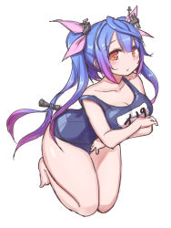 Rule 34 | 10s, 1girl, bare shoulders, blue hair, blush, breast hold, breasts, cleavage, hair ornament, highres, i-19 (kancolle), kantai collection, kneeling, large breasts, long hair, looking at viewer, one-piece swimsuit, parted lips, purple eyes, school swimsuit, solo, star-shaped pupils, star (symbol), swimsuit, symbol-shaped pupils, twintails, zenn