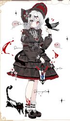Rule 34 | 1girl, absurdres, ankle socks, bat wings, belt, belt buckle, bird, bird on hand, black belt, black bow, black bowtie, black cat, black choker, black dress, black footwear, black headwear, black sleeves, blood, blood drop, blood on leg, bonnet, border, bow, bowtie, buckle, buttons, cat, center frills, chest jewel, chinese commentary, choker, closed mouth, collared dress, commentary request, commission, cross-laced footwear, cross hat ornament, crow, dress, expressionless, eyelashes, frilled dress, frilled headwear, frilled socks, frills, full body, gem, ghost, gothic lolita, grey bow, grey eyes, hair bow, heterochromia, high heels, highres, holding, holding lantern, jewelry, lantern, leg belt, lolita fashion, long sleeves, looking at viewer, marking on cheek, medium dress, medium hair, orange eyes, original, ornate border, outstretched hand, puffy long sleeves, puffy sleeves, red eyes, red gemstone, red headwear, ring, sample watermark, shi maomaosha, shirt, simple background, sleeve bow, socks, solid eye, solo, striped bow, striped clothes, striped shirt, teardrop facial mark, two-sided fabric, two-sided headwear, two-tone shirt, v-shaped eyes, vertical-striped clothes, vertical-striped shirt, waist bow, watermark, white background, white bow, white hair, white shirt, white socks, wings, wrist bow