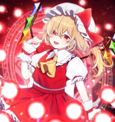 Rule 34 | 1girl, :d, ascot, blonde hair, bow, cowboy shot, crystal, fang, flandre scarlet, hat, hat bow, highres, looking at viewer, medium hair, mob cap, open mouth, puffy short sleeves, puffy sleeves, red bow, red eyes, red skirt, red vest, shirt, short sleeves, side ponytail, skin fang, skirt, smile, solo, spell card, standing, touhou, vest, white hat, white shirt, wings, wrist cuffs, yellow ascot, yurui tuhu
