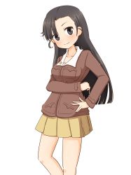 Rule 34 | 1girl, absurdres, asymmetrical bangs, black eyes, black hair, brown jacket, chi-hatan military uniform, closed mouth, commentary, cowboy shot, girls und panzer, hand on own hip, highres, jacket, long hair, long sleeves, looking at viewer, military, military uniform, miniskirt, nishi kinuyo, pleated skirt, rico (rico-tei), simple background, skirt, smile, solo, standing, straight hair, uniform, white background, yellow skirt