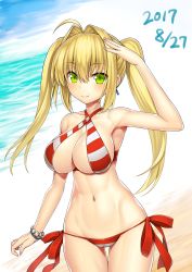 Rule 34 | 1girl, 2017, abs, absurdres, ahoge, arm at side, arm up, armpits, asamura hiori, beach, bikini, blush, bracelet, breasts, cameltoe, cleavage, cowboy shot, criss-cross halter, dated, day, earrings, fate/grand order, fate (series), green eyes, hair between eyes, hair intakes, halterneck, highres, jewelry, large breasts, long hair, looking at viewer, navel, nero claudius (fate), nero claudius (fate) (all), nero claudius (swimsuit caster) (fate), outdoors, side-tie bikini bottom, single earring, solo, striped bikini, striped clothes, swimsuit, thigh gap, twintails