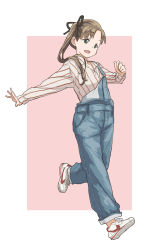 Rule 34 | 1girl, alternate costume, ayanami (kancolle), blue overalls, border, brown eyes, brown hair, dress shirt, full body, kantai collection, long hair, long sleeves, matsutani, overalls, pink background, running, shirt, shoes, side ponytail, smile, sneakers, solo, striped clothes, striped shirt, two-tone background, white border