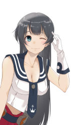 Rule 34 | 1girl, agano (kancolle), anchor symbol, black hair, black necktie, black sailor collar, blue eyes, blush, breasts, cleavage, closed mouth, collarbone, gloves, highres, kantai collection, large breasts, long hair, necktie, neve (morris-minicooper), one eye closed, red skirt, sailor collar, school uniform, serafuku, simple background, skirt, sleeveless, smile, solo, white background, white gloves