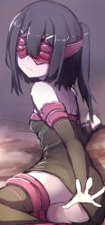 Rule 34 | 1girl, :t, absurdres, bad id, bad twitter id, black dress, black hair, black thighhighs, blindfold, blurry, blurry background, blush, breasts, closed mouth, commentary request, cosplay, depth of field, detached sleeves, dress, facing viewer, fate/kaleid liner prisma illya, fate/stay night, fate (series), hair ornament, hairclip, highres, long hair, long sleeves, medusa (fate), medusa (rider) (fate), medusa (rider) (fate) (cosplay), miyu edelfelt, pout, protected link, side ponytail, small breasts, solo, strapless, strapless dress, thighhighs, wada kazu