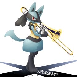 Rule 34 | artist name, commentary request, creatures (company), full body, game freak, gen 4 pokemon, highres, holding, holding instrument, instrument, looking at viewer, lucario, nintendo, pokemon, pokemon (creature), red eyes, sasabunecafe, solo, standing, toes, trombone, white background