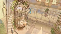 Rule 34 | 1girl, arknights, bare shoulders, bird, bird nest, birdcage, black cat, blue eyes, bluebird, bonnet, bookshelf, boots, breasts, cage, cat, closed mouth, commentary, cross-laced footwear, da (datako), dress, egg, english commentary, grey hair, highres, indoors, knee boots, lantern, large breasts, library, light smile, long hair, looking at viewer, nightingale (arknights), plant, potted plant, scenery, sitting, solo, very long hair, white dress, white footwear, white headwear