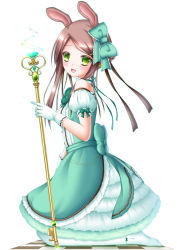 Rule 34 | 1girl, :d, animal ears, bare shoulders, blush, braid, brown hair, checkered floor, dress, floor, gloves, green eyes, hair ornament, hair ribbon, hairclip, highres, kneeling, long hair, looking at viewer, no shoes, open mouth, original, ribbon, shitou, simple background, smile, solo, staff, white background, white gloves, white legwear