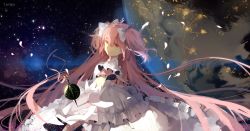 Rule 34 | 10s, 1girl, artist name, bow, cherry blossoms, choker, dress, earth (planet), gloves, grief seed, hair between eyes, hair bow, hair ribbon, highres, holding, kaname madoka, long hair, looking at viewer, magical girl, mahou shoujo madoka magica, mahou shoujo madoka magica (anime), mahou shoujo madoka magica movie 1 &amp; 2, outstretched arm, outstretched hand, pink eyes, pink hair, planet, reaching, ribbon, sky, smile, solo, soul gem, space, spoilers, star (sky), star (symbol), starry sky, tayen, text focus, twintails, two side up, ultimate madoka, very long hair, white bow, white dress, white gloves, white ribbon