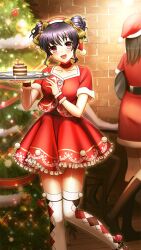 Rule 34 | 2girls, :d, black hair, bow, brick wall, cake, choker, christmas, christmas tree, collarbone, double bun, doukyuusei 2, doukyuusei another world, food, frilled skirt, frills, fur-trimmed headwear, fur trim, game cg, hair bow, hair bun, hat, holding, holding plate, indoors, looking at viewer, miniskirt, multiple girls, narusawa yui, official art, open mouth, plaid, plaid bow, plate, print skirt, red choker, red eyes, red hat, red shirt, red skirt, santa costume, santa hat, shiny skin, shirt, short hair, short sleeves, skirt, smile, solo focus, thighhighs, white thighhighs, yellow bow, zettai ryouiki