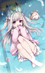 Rule 34 | 1girl, nanashi inc., animal ear fluff, animal ears, animare, bad id, bad pixiv id, box, cardigan, crossed ankles, dress, fox, heart-shaped box, highres, legs up, long hair, long sleeves, looking at viewer, lying, on back, open cardigan, open clothes, pink cardigan, pink eyes, sailor dress, shiromiya mimi, silver hair, sleeves past wrists, socks, torinosu afro, two side up, valentine, virtual youtuber, white legwear