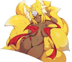 Rule 34 | 1girl, absurdres, animal ear fluff, animal ears, bikini, bikini bottom only, black bikini, blonde hair, breasts, collarbone, commentary, dark-skinned female, dark skin, english commentary, fox ears, fox tail, headpiece, highres, large breasts, looking to the side, multiple tails, navel, original, red eyes, short hair, simple background, slugbox, solo, swimsuit, tail, tattoo, thighs, topless, white background