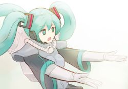 Rule 34 | 1girl, armor, blue eyes, blue hair, commentary, english commentary, floating hair, fusion, gloves, hatsune miku, headphones, long hair, long sleeves, lutherniel, microphone, open mouth, shoulder armor, adepta sororitas, solo, pauldrons, twintails, vocaloid, warhammer 40k, white gloves, wide sleeves