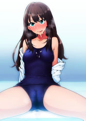 Rule 34 | 10s, 1girl, arms behind back, bad id, bad pixiv id, bare shoulders, blush, breasts, brown hair, cameltoe, cum, cum on body, cum on breasts, cum on clothes, cum on upper body, facial, green eyes, idolmaster, idolmaster cinderella girls, licking lips, long hair, looking at viewer, one-piece swimsuit, school swimsuit, shibuya rin, sitting, smile, solo, spread legs, swimsuit, tkhs, tongue, tongue out