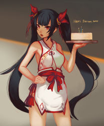 Rule 34 | 1girl, apron, birthday, birthday cake, black hair, bow, breasts, cake, candle, contrapposto, fire, food, grey background, hand on own hip, happy birthday, highres, long hair, red bow, red eyes, sideboob, simple background, small breasts, softmode, solo, standing, tassel, twintails, very long hair