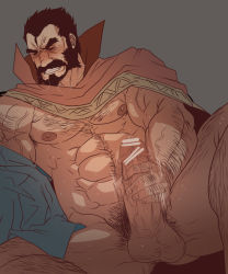 Rule 34 | 1boy, abs, bar censor, bara, bare pectorals, beard, blush, cape, censored, erection, facial hair, graves (league of legends), large pectorals, large penis, league of legends, male focus, male masturbation, male pubic hair, masturbation, mature male, motion blur, motion lines, muscular, muscular male, mustache, navel hair, nipples, pectorals, penis, pubic hair, red cape, rybiok, short hair, solo, spread legs, stomach, thick eyebrows, thick thighs, thighs