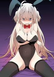 Rule 34 | 1girl, absurdres, ace (playing card), ace of spades, ahoge, animal ears, bare shoulders, between breasts, black leotard, black thighhighs, blonde hair, blue eyes, blush, bow, breasts, bural chingu, card, card between breasts, cleavage, covered navel, detached collar, fake animal ears, fang, highres, large breasts, leotard, long hair, looking at viewer, luke (dydansgur), original, park noah, playboy bunny, playing card, rabbit ears, rabbit tail, shaded face, skin fang, smile, solo, spade (shape), strapless, strapless leotard, sweatdrop, tail, thighhighs, two side up, very long hair